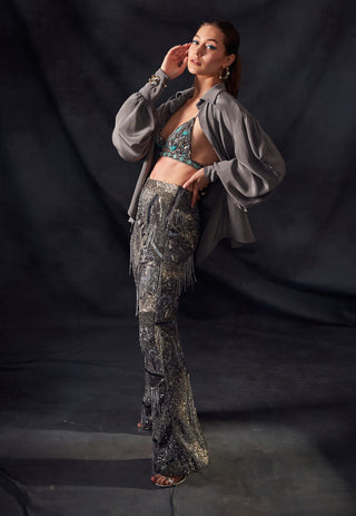 Nikita Mhaisalkar-Grey Metal Embroidery Pants-INDIASPOPUP.COM