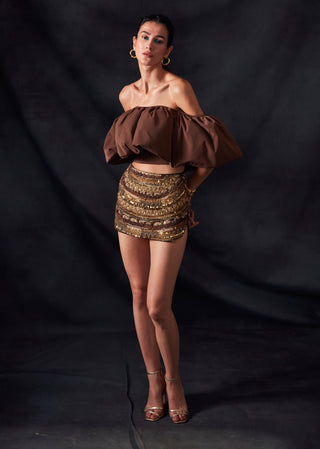 Nikita Mhaisalkar-Dark Tan Off-Shoulder Top-INDIASPOPUP.COM