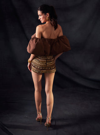 Nikita Mhaisalkar-Dark Tan Off-Shoulder Top-INDIASPOPUP.COM
