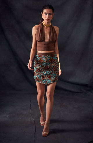 Nikita Mhaisalkar-Dark Tan Embellished Skirt-INDIASPOPUP.COM