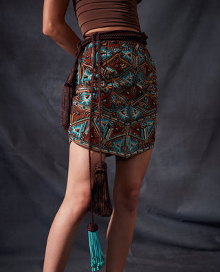 Nikita Mhaisalkar-Dark Tan Embellished Skirt-INDIASPOPUP.COM