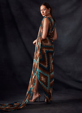 Nikita Mhaisalkar-Turquoise Grid Print Drape Saree-INDIASPOPUP.COM