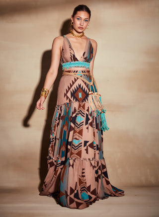 Nikita Mhaisalkar-Turquoise Tapis Print Skirt-INDIASPOPUP.COM