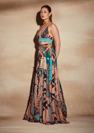 Nikita Mhaisalkar-Turquoise Tapis Print Skirt-INDIASPOPUP.COM