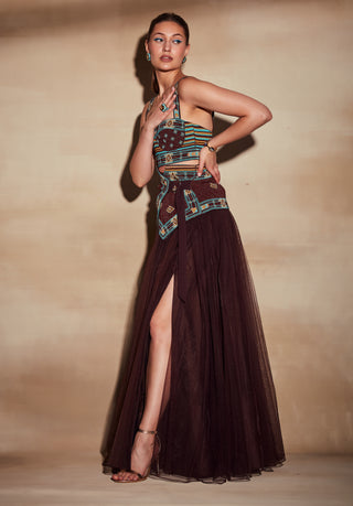 Nikita Mhaisalkar-Chocolate Brown Tulle Skirt-INDIASPOPUP.COM