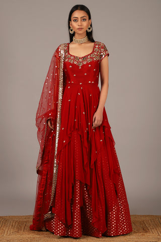 Nidhika Shekhar-Red Layered Lehenga Set-INDIASPOPUP.COM