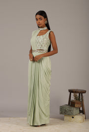 Nidhika Shekhar-Green Draped Embroidered Saree Set-INDIASPOPUP.COM