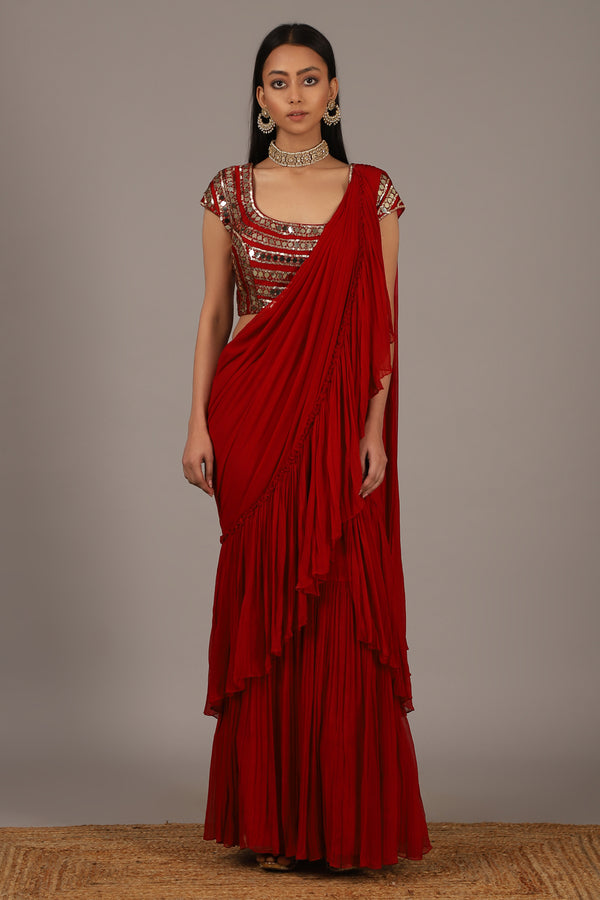 Red Ombre Saree With A Tie Up Belt – Swish By Dolcy & Simran