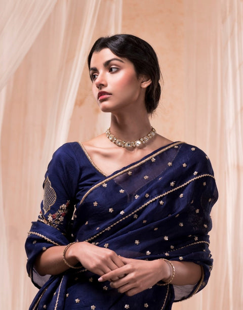 Nadima Saqib - Royal Blue Embroidered Saree - INDIASPOPUP.COM