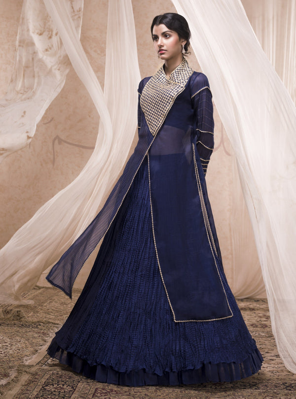 Nadima Saqib - Blue Asymmetric Jacket Blouse & Skirt - INDIASPOPUP.COM