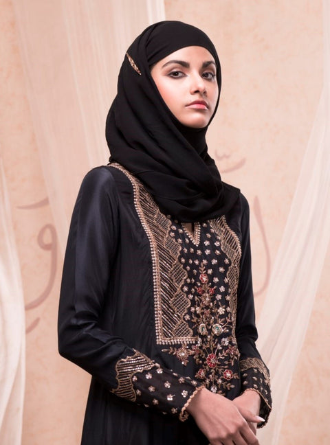 Nadima Saqib - Jet Black Embroidered Kaftan Dress - INDIASPOPUP.COM