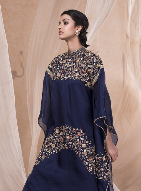 Nadima Saqib - Royal Blue Embroidered Kaftan & Skirt - INDIASPOPUP.COM