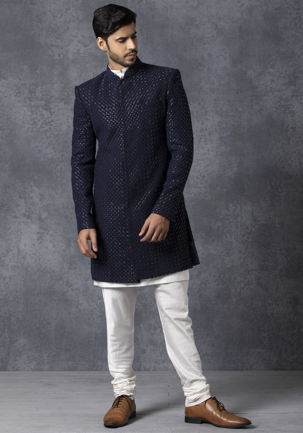 Ankit V Kapoor-Blue Sherwani With Kurta & Churidaar-INDIASPOPUP.COM