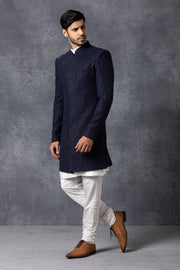 Ankit V Kapoor-Blue Sherwani With Kurta & Churidaar-INDIASPOPUP.COM