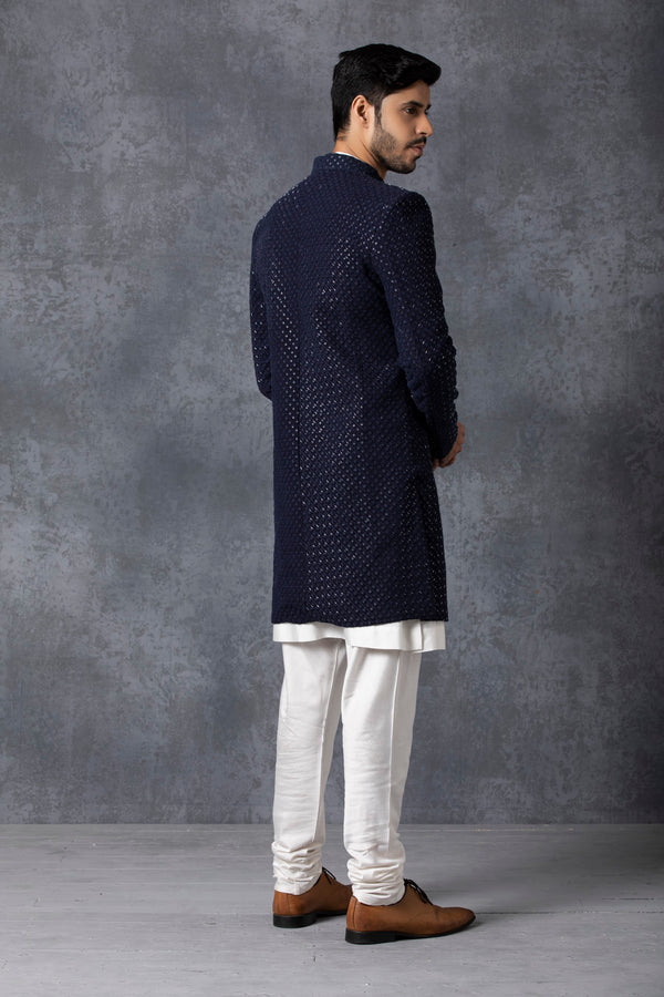 Ankit V Kapoor-Blue Sherwani With Kurta & Churidaar-INDIASPOPUP.COM