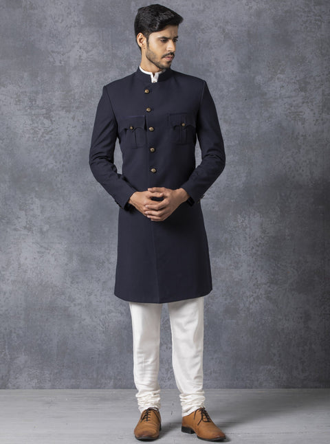 Ankit V Kapoor-Blue Sherwani With Kurta & Churidaar-INDIASPOPUP.COM