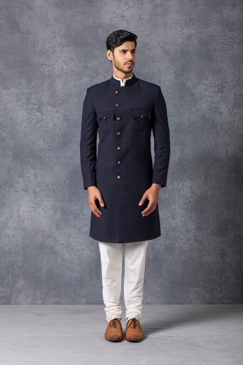 Ankit V Kapoor-Blue Sherwani With Kurta & Churidaar-INDIASPOPUP.COM