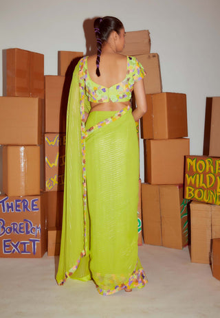 Nirmooha-Lime Green Embroidered Draped Sari With Blouse-INDIASPOPUP.COM