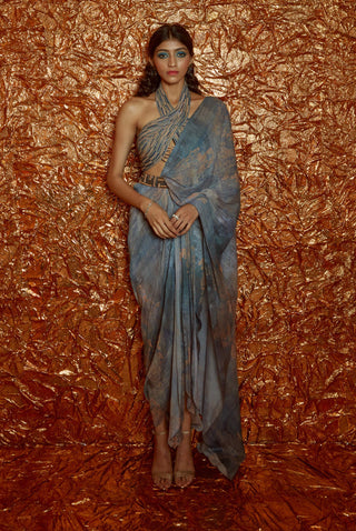Nirmooha-Grey Draped Printed Saree With Blouse And Belt-INDIASPOPUP.COM