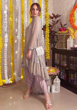 Beige Linear Tier Dhoti And Kurta