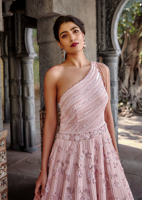 Nitika Gujral-Blush Pink Gown With Net Drape-INDIASPOPUP.COM