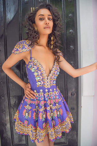 Papa Don'T Preach By Shubhika-Purple Embroidered Babydoll Dress-INDIASPOPUP.COM