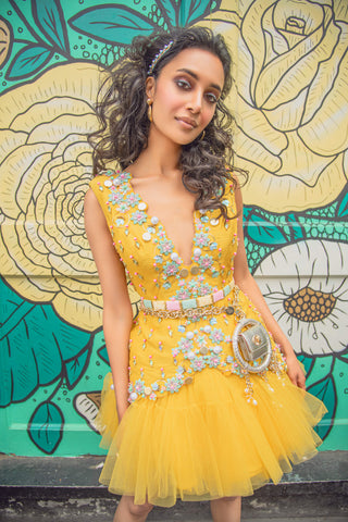 Papa Don'T Preach By Shubhika-Yellow Waistcoat Babydoll Dress-INDIASPOPUP.COM