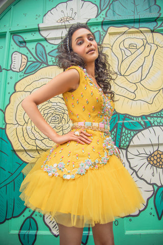 Papa Don'T Preach By Shubhika-Yellow Waistcoat Babydoll Dress-INDIASPOPUP.COM