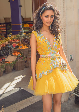 Papa Don'T Preach By Shubhika-Yellow Waistcoat Babydoll Dress-INDIASPOPUP.COM