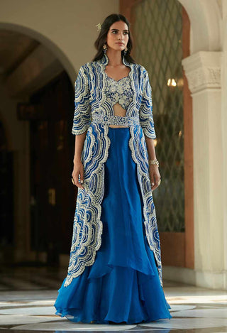 Jade Blue Leher Embroidered Jacket Lehenga Set