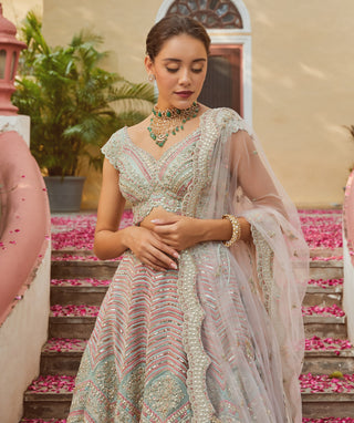 Osaa By Adarsh-Sea Green Organza Lehenga Set-INDIASPOPUP.COM