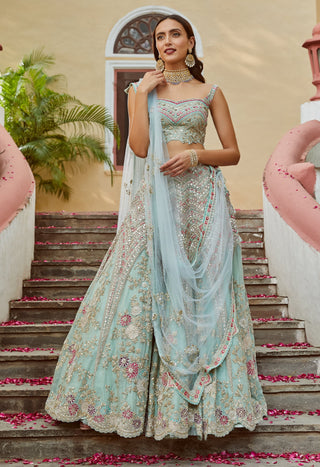 Osaa By Adarsh-Teal Tissue Organza Lehenga Set-INDIASPOPUP.COM