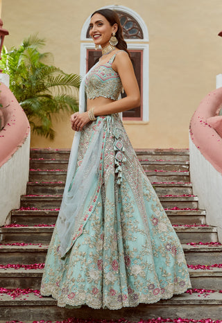 Osaa By Adarsh-Teal Tissue Organza Lehenga Set-INDIASPOPUP.COM