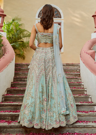 Osaa By Adarsh-Teal Tissue Organza Lehenga Set-INDIASPOPUP.COM