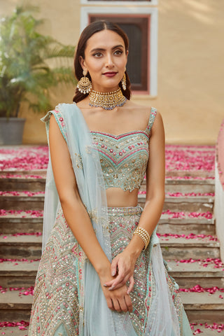 Osaa By Adarsh-Teal Tissue Organza Lehenga Set-INDIASPOPUP.COM