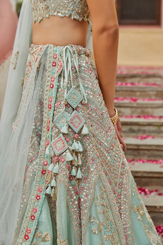 Osaa By Adarsh-Teal Tissue Organza Lehenga Set-INDIASPOPUP.COM