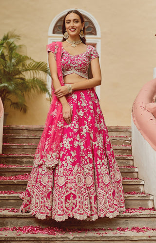 Osaa By Adarsh-Rani Pink Organza Lehenga Set-INDIASPOPUP.COM