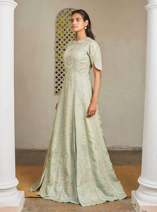 Osaa By Adarsh-Pastel Green Embroidered Layered Gown-INDIASPOPUP.COM