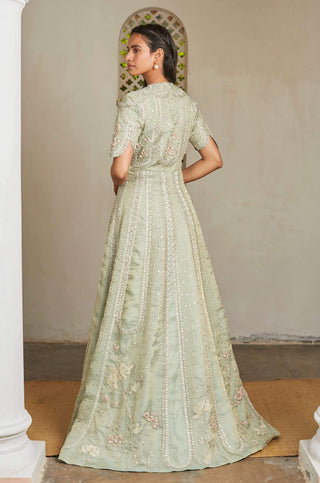 Osaa By Adarsh-Pastel Green Embroidered Layered Gown-INDIASPOPUP.COM