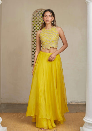 Osaa By Adarsh-Yellow Amber Crop Top And Skirt-INDIASPOPUP.COM