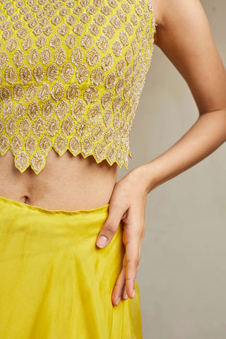 Osaa By Adarsh-Yellow Amber Crop Top And Skirt-INDIASPOPUP.COM