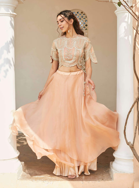Osaa By Adarsh-Rose Pink Embroidered Crop Top And Skirt-INDIASPOPUP.COM