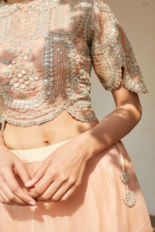 Osaa By Adarsh-Rose Pink Embroidered Crop Top And Skirt-INDIASPOPUP.COM