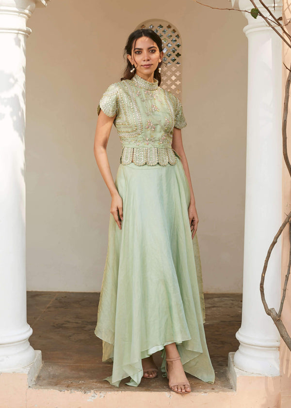 Osaa By Adarsh-Pastel Green Embroidered Top And Skirt-INDIASPOPUP.COM