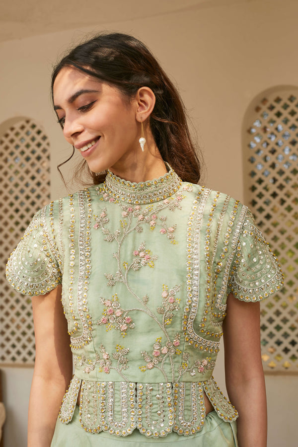 Osaa By Adarsh-Pastel Green Embroidered Top And Skirt-INDIASPOPUP.COM