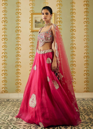 Osaa By Adarsh-Scarlet Organza Lehenga Set-INDIASPOPUP.COM