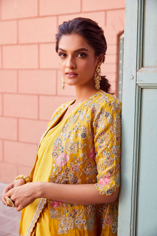 Osaa By Adarsh-Honey Gold Embroidered Sari With Blouse-INDIASPOPUP.COM