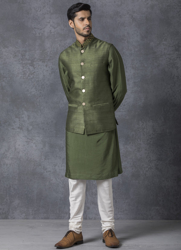 Ankit V Kapoor-Green Nehru Jacket With Kurta & Churidaar-INDIASPOPUP.COM