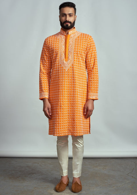 Arjun Kilachand-Tangerine Chikankari Kurta-INDIASPOPUP.COM