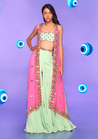Papa Don'T Preach By Shubhika-Mint Sharara With Bustier And Pink Cape-INDIASPOPUP.COM